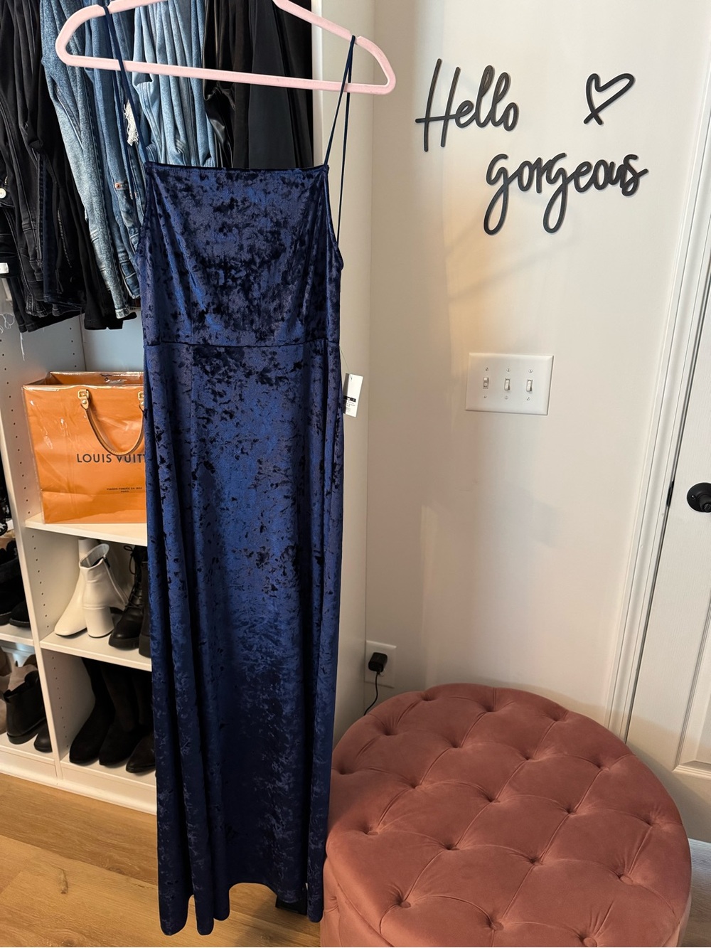 Blue Velvet Maxi Slip Dress with Spaghetti Straps
